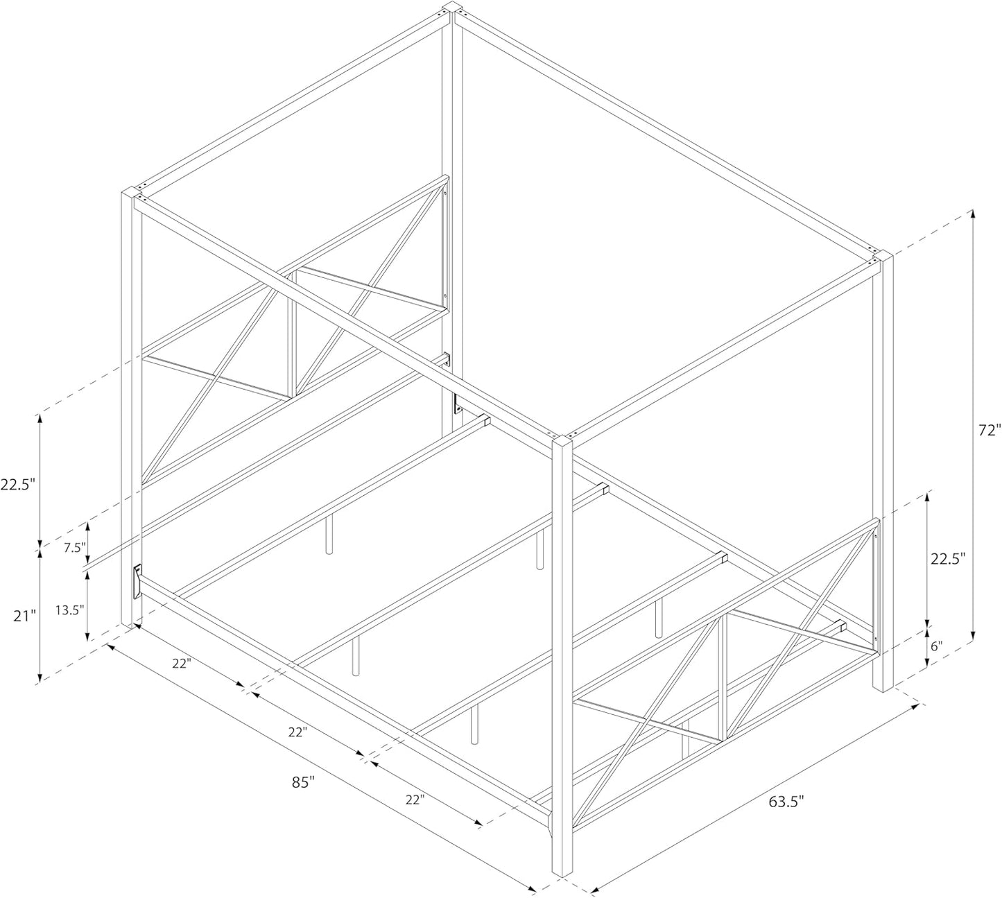 Rosedale Metal Canopy Bed Frame with Four Poster Design and Geometric Accented Headboard and Footboard, Underbed Storage Space, Queen, Gold