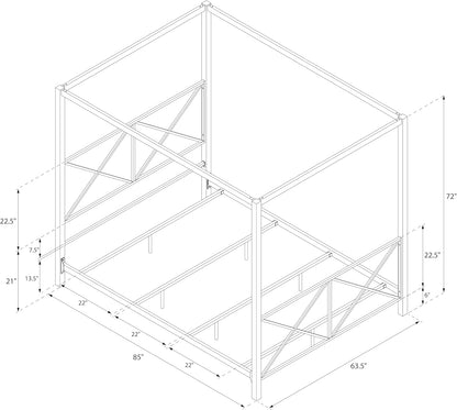 Rosedale Metal Canopy Bed Frame with Four Poster Design and Geometric Accented Headboard and Footboard, Underbed Storage Space, Queen, Gold