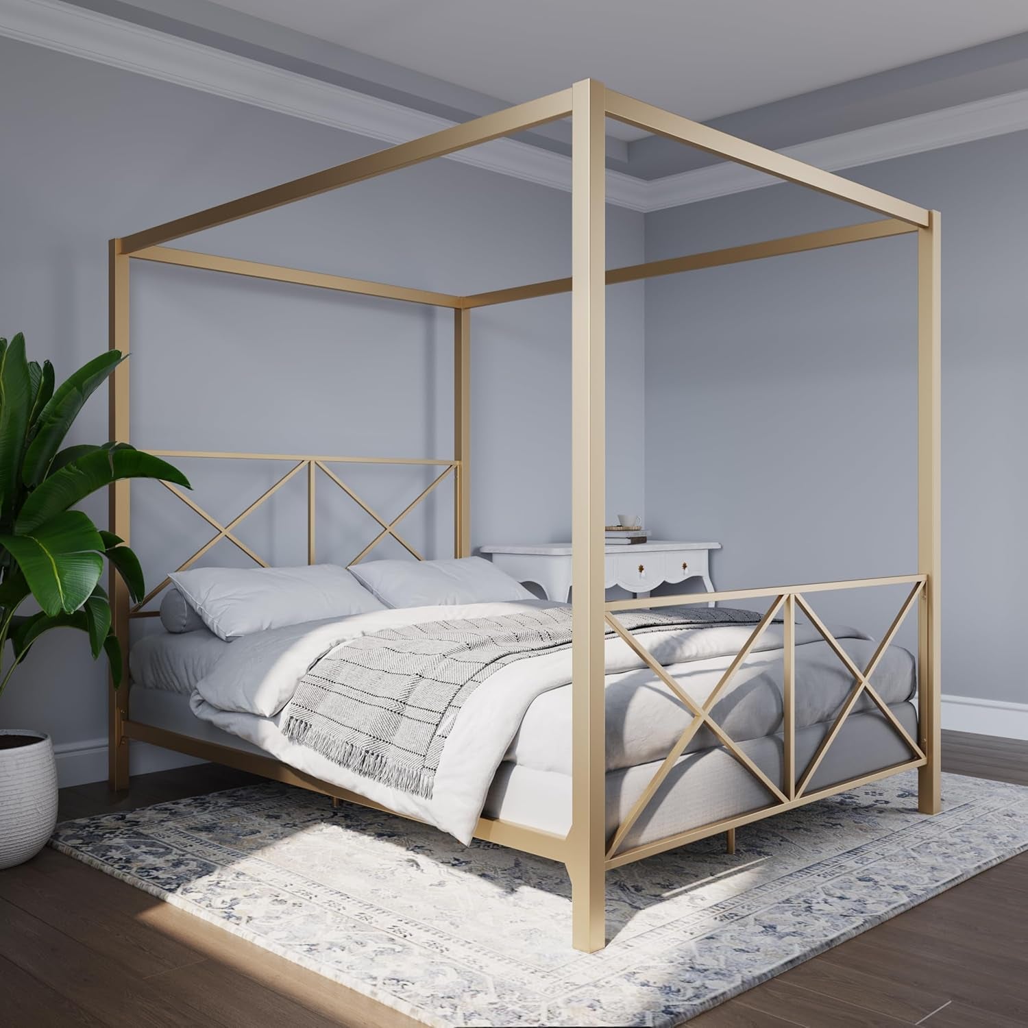 Rosedale Metal Canopy Bed Frame with Four Poster Design and Geometric Accented Headboard and Footboard, Underbed Storage Space, Queen, Gold