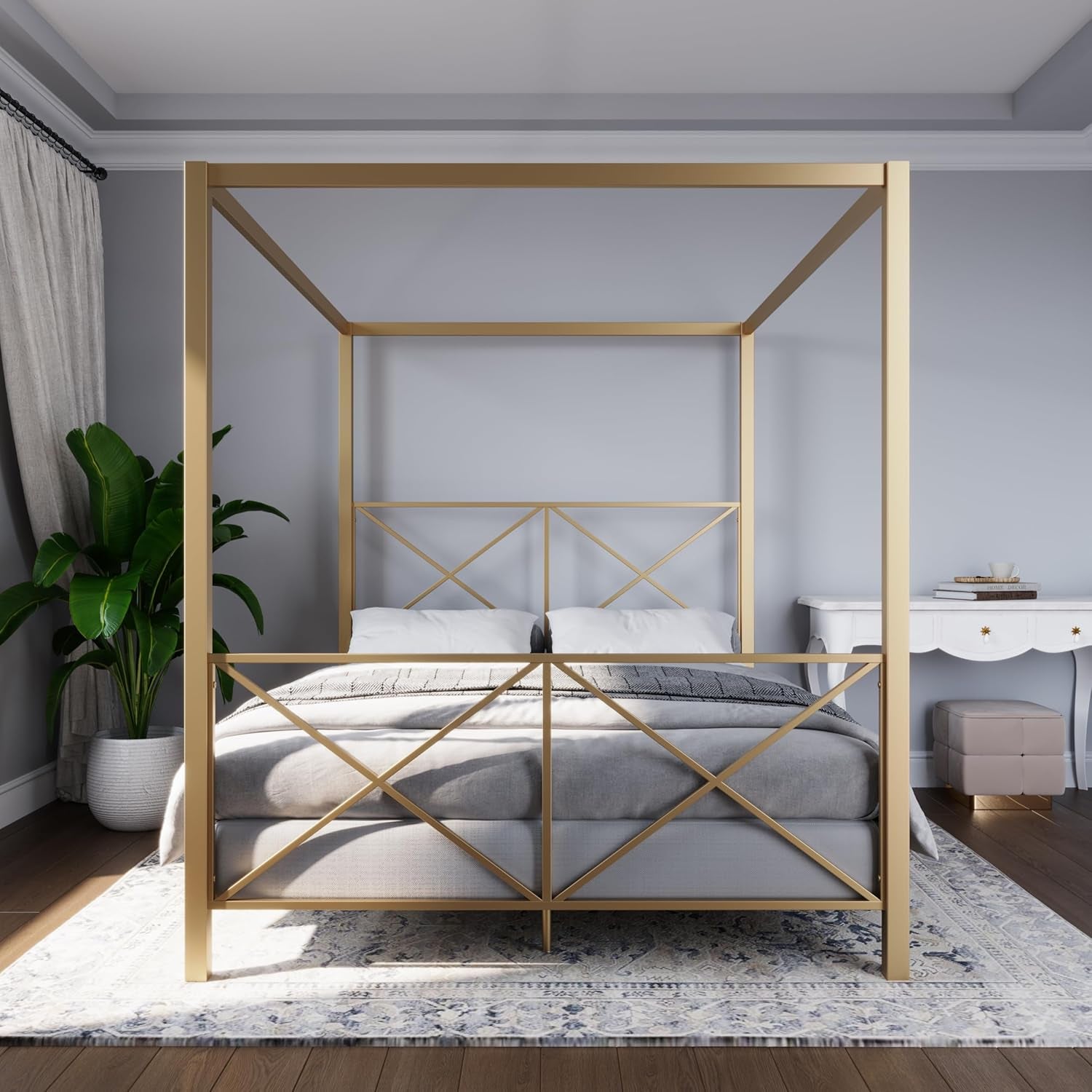 Rosedale Metal Canopy Bed Frame with Four Poster Design and Geometric Accented Headboard and Footboard, Underbed Storage Space, Queen, Gold