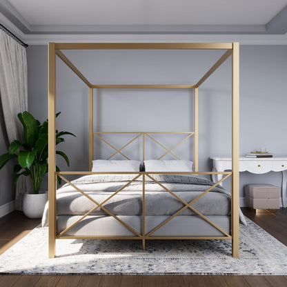 Rosedale Metal Canopy Bed Frame with Four Poster Design and Geometric Accented Headboard and Footboard, Underbed Storage Space, Queen, Gold