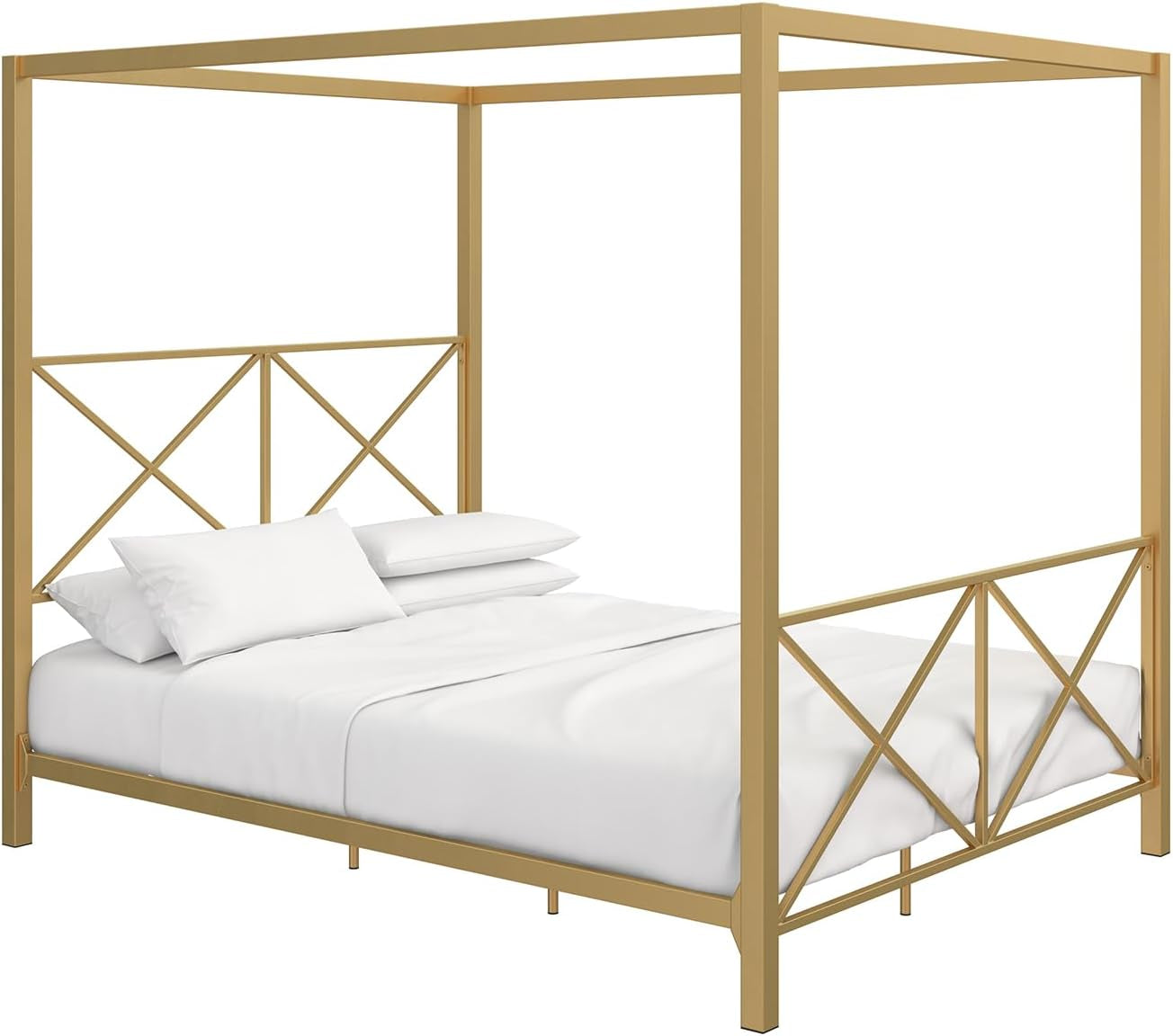 Rosedale Metal Canopy Bed Frame with Four Poster Design and Geometric Accented Headboard and Footboard, Underbed Storage Space, Queen, Gold