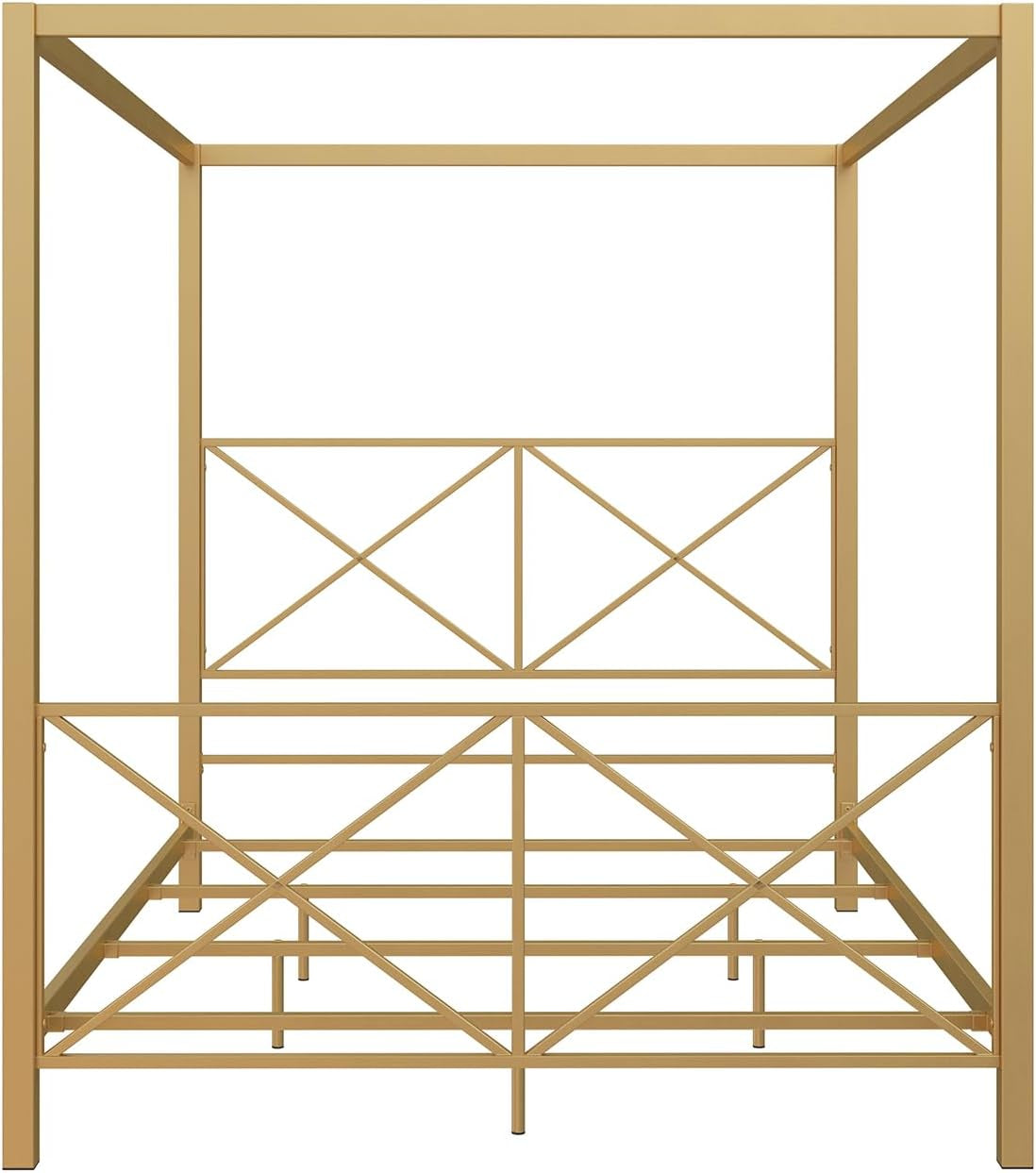 Rosedale Metal Canopy Bed Frame with Four Poster Design and Geometric Accented Headboard and Footboard, Underbed Storage Space, Queen, Gold