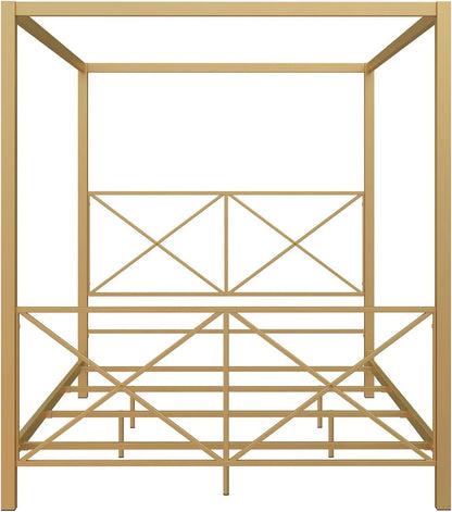 Rosedale Metal Canopy Bed Frame with Four Poster Design and Geometric Accented Headboard and Footboard, Underbed Storage Space, Queen, Gold