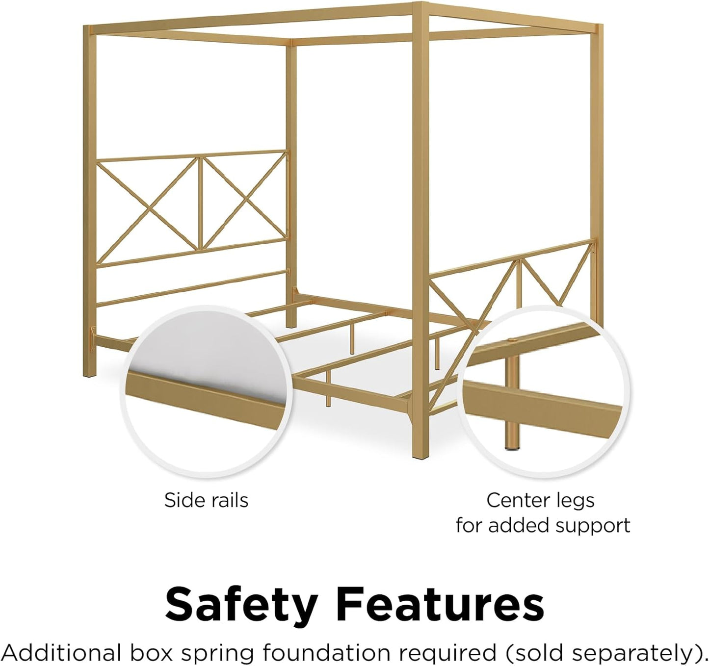Rosedale Metal Canopy Bed Frame with Four Poster Design and Geometric Accented Headboard and Footboard, Underbed Storage Space, Queen, Gold